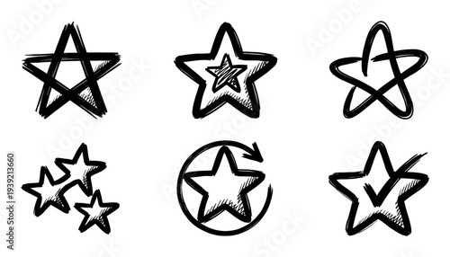 Set of six hand-drawn star icons in a rough, sketchy doodle style, featuring various designs like checkmarks, circles, and multiple stars for graphic design elements