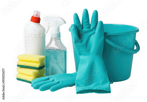 Cleaning supplies including gloves and bucket isolated on transparent background