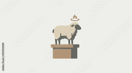 Illustration of sheep standing on pedestal with halo above