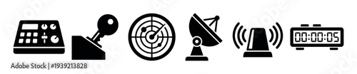 Set of black silhouette security icons featuring a control panel, ignition key, radar screen, satellite dish, alarm siren, and a digital countdown timer for technology concepts