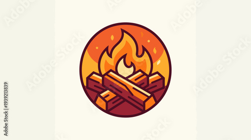 Illustration of burning firewood in a circular frame with warm orange glow