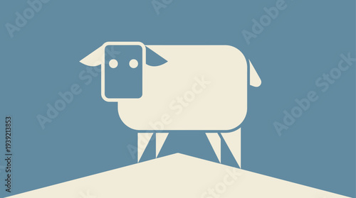 Simple illustration of a sheep standing on a hill viewed from the side against a blue background