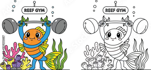 Cartoon Fish Lifting Weights at Reef Gym Underwater Fitness Coloring Page