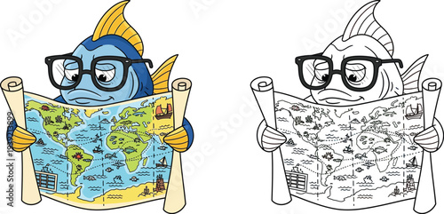 Cartoon Fish Explorer with World Map Underwater Adventure Coloring Page