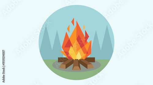 Campfire burning brightly in a serene forest clearing, viewed from a distance with trees in the background