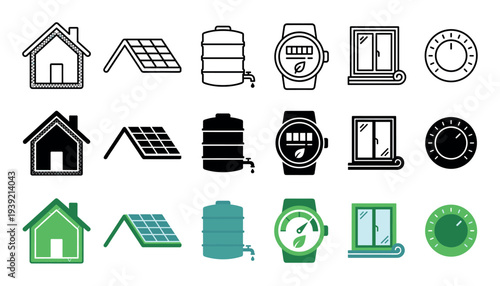 Set of sustainable home vector icons in three distinct styles, including line art, solid glyph, and color, depicting energy saving, solar power, and water conservation
