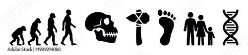 Set of black human evolution icons showing the march of progress, a skull, stone axe, footprint, family pictogram, and DNA helix representing anthropology and science