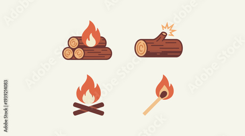 Fire starting elements including logs, kindling, and matchstick arranged neatly for camping or outdoor activity