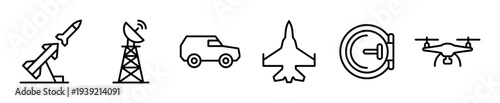 Set of military line icons featuring a missile, radar, armored vehicle, fighter jet, submarine hatch, and drone for defense and army concepts in a minimalist style