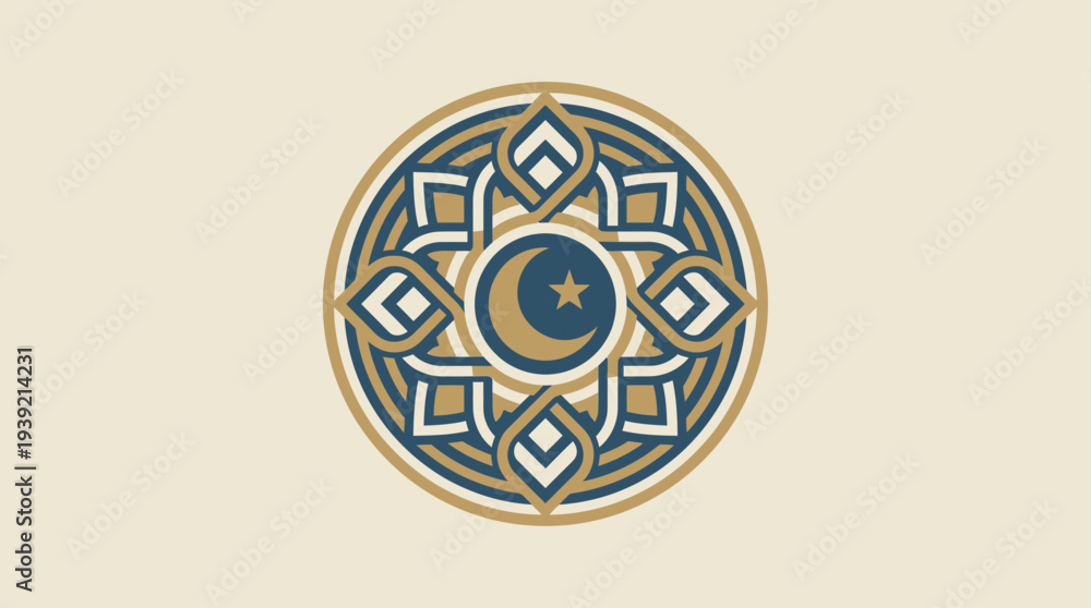 Obraz premium Intricate Islamic pattern featuring crescent moon and star symbol in a circular design