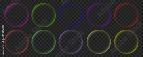 A series of three glowing translucent circular frames in gold teal and magenta hues against a transparent backdrop