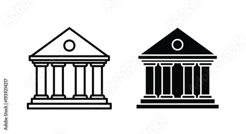 Two classical building facades with circular windows a dark silhouette