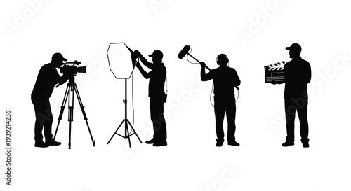 Film crew operating equipment including camera light and sound silhouette