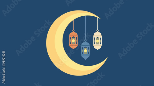 Crescent moon with hanging lanterns in a serene night sky illustration