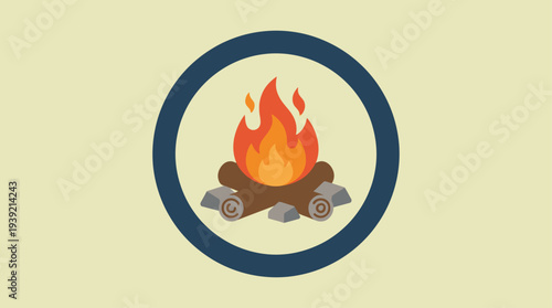 Illustration of a campfire with flames and logs in a circular frame viewed directly