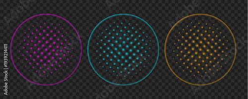 Three glowing circular gradients in magenta cyan and gold are displayed against a transparent background high-quality