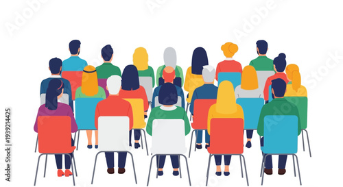 A colorful crowd of people seated viewed from behind silhouette