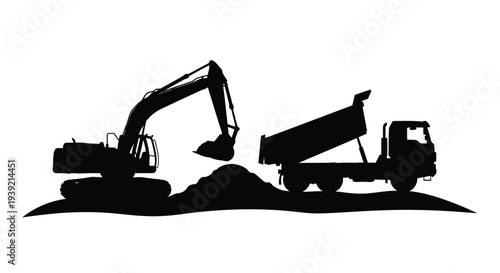 Construction machinery working on a site depicted in black silhouette