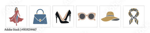 Set of six fashion and accessory icons showing a woman in a red dress, handbag, high heels, sunglasses, hat, and scarf in a minimalist flat vector illustration style