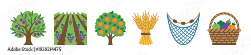 Set of colorful flat agriculture icons showing a plum tree, vineyard with grapes, an orange tree, a sheaf of wheat, a fishing net, and a basket of fresh produce