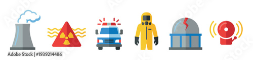 Set of nuclear disaster icons showing a power plant, radiation sign, emergency truck, hazmat suit, cracked reactor, and alarm bell in a flat vector illustration style