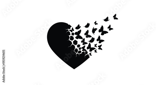A black heart breaks apart into a swarm of butterflies silhouette