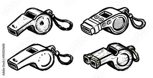 Collection of four hand-drawn whistles in a rough sketch style, including classic referee, modern electronic, and rustic wooden designs for sports or safety concepts
