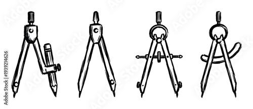Set of four hand-drawn drawing compasses and dividers in a black ink sketch style for technical drafting, geometry, and architectural design concepts