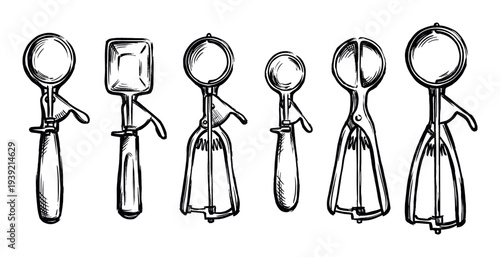 Collection of six vintage ice cream scoops in various shapes and sizes, illustrated in a black and white hand-drawn sketch style with bold ink outlines for a retro aesthetic