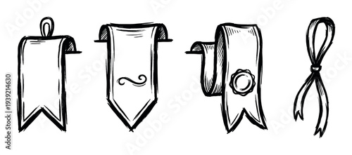 Hand-drawn black and white ribbon banners and scrolls in a sketchy doodle style, showing a collection of vintage pennants, labels, and tied bows for decorative design elements