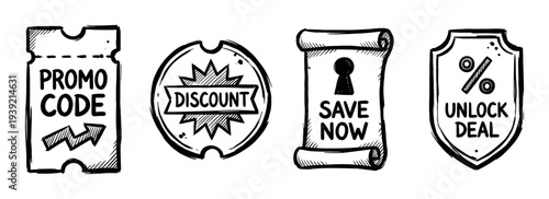Collection of four black ink doodle illustrations featuring a promo code ticket, discount badge, save now scroll, and unlock deal shield for marketing and shopping concepts