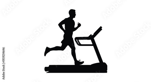 A man running on a treadmill depicted in stark black silhouette