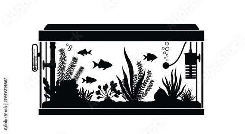 Aquarium scene with fish plants and equipment in black silhouette