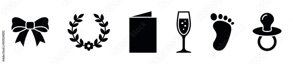 Fototapeta premium Set of six black silhouette icons for life events and celebrations like birth or weddings, featuring a bow, wreath, card, champagne flute, footprint, and pacifier