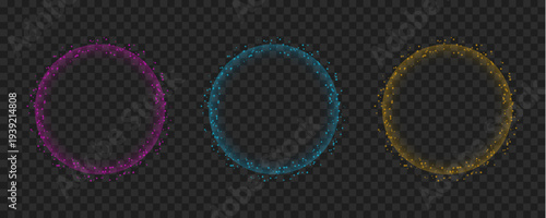 A series of three glowing translucent circular frames in gold teal and magenta hues against a transparent backdrop