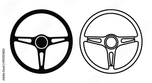 Two steering wheels presented in a bold graphic silhouette