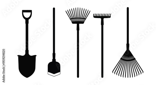 Black silhouettes of various gardening tools arranged in a row silhouette
