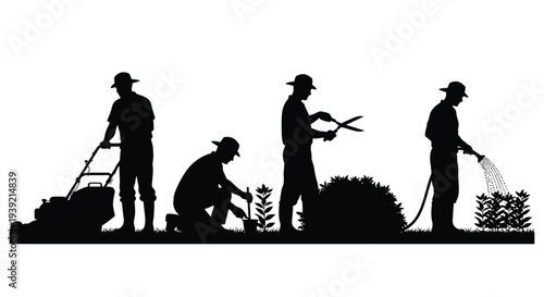 Gardeners performing various tasks in a black landscape silhouette