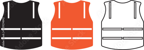 High Visibility safety vest icon set- outline, coloured and silhouette. Reflective safety jacket icon. Protective suit vector illustration for construction, road work and workplace safety. (Isolated) 