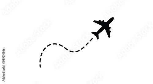 Airplane flight path with dotted line simple black graphic silhouette