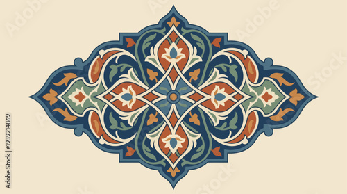 Intricate geometric pattern illustration featuring symmetry and vibrant colors in a decorative design element
