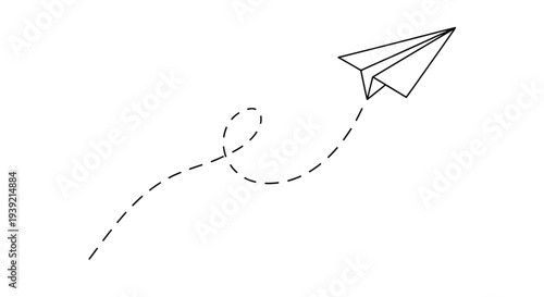 A simple paper airplane flies along a dashed path silhouette