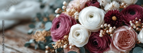 Soft bouquet rests on weathered wood