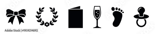 Set of six black silhouette icons for life events and celebrations like birth or weddings, featuring a bow, wreath, card, champagne flute, footprint, and pacifier