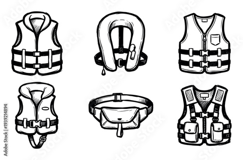 Collection of hand-drawn life jackets and personal flotation devices in a black and white sketch style, showing various models for water safety and survival equipment