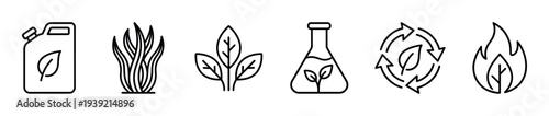 Set of six biofuel and renewable energy icons in a minimalist black line art style, featuring a fuel can, biomass grass, plant, laboratory flask, and recycling symbol
