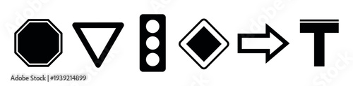 Collection of black traffic sign icons including stop, yield, traffic light, priority road, arrow, and T-junction symbols in a minimalist graphic style for road safety concepts