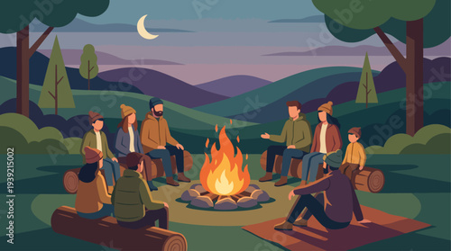 Group of friends gathered around a campfire in a serene forest at dusk under a moonlit sky