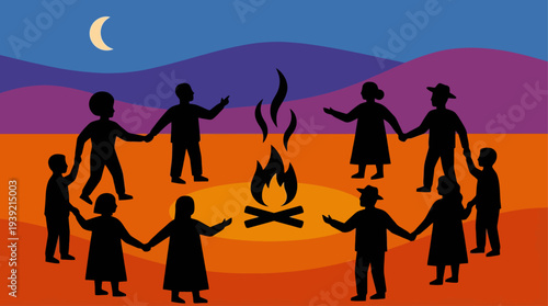 People gathered around a fire at dusk in a desert landscape under a crescent moon