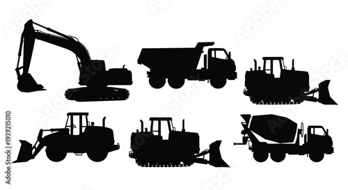Construction equipment collection in stark black silhouettes